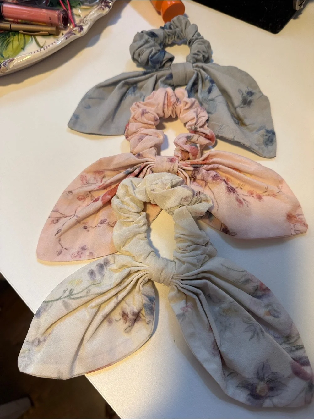 set of 3 : LoveShackFancy Floral Bow Scrunchie Set of 3 - Pink, Blue, Cream